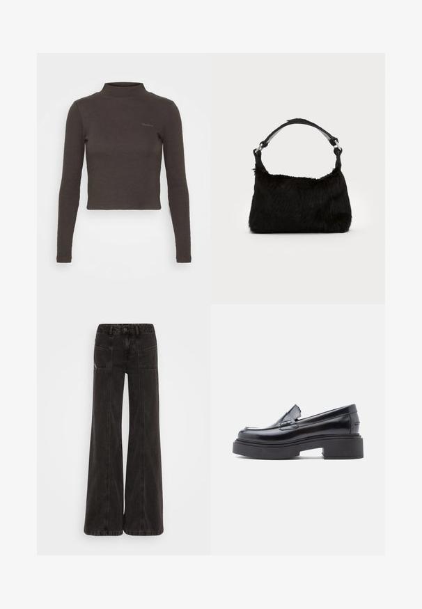 Brun, langærmet, cropped turtleneck skjorte lavet af ribbet stof. Har et diskret logo på venstre brystområde.; Sorte vide ben jeans lavet af denim, med høj talje, frontlommer og tonet syninger langs sømmene.; Sorte læder loafers med rund tå, der har en hævet platformssål og en enkel dekorativ rem over vamps. Glat finish.; Sort faux fur håndtaske med en blød tekstur, rund form og en robust skulderrem i sort læder. Synlige sølvhardware-detaljer.