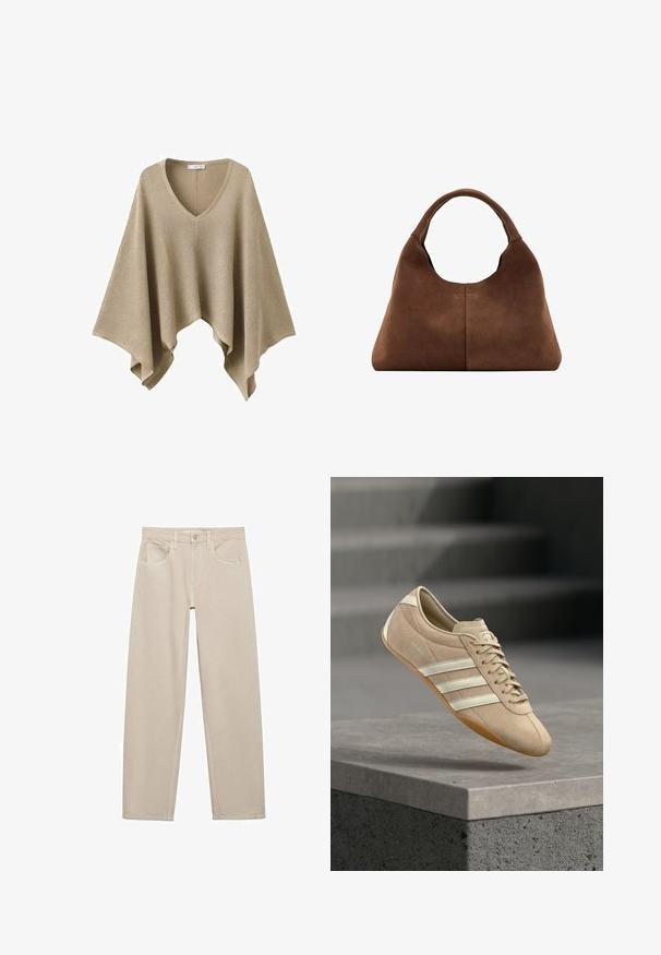 Beigenvärinen neulottu poncho, jossa on V-kaula-aukko ja leveät, laskeutuvat sivut, jotka muodostavat epäsymmetrisen helman.; Beige housut puuvillasta, joissa on suora lahkeiden muotoilu, etutaskut ja yksi napitus vyötäröllä.; Vaaleanbeige lenkkari, jossa on kolme valkoista vaakaraitaa, mokkanahkainen päällinen ja kuminen gumipohja, sivulla logolla.; Ruskea mokkalaukku, jossa on pyöreä kahva ja hieman trapezoidinen muoto, näkyvällä keskisaumalla valkoisella taustalla.