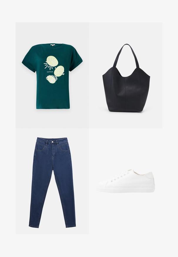 T-shirt en coton teal avec un motif de soleil et de coquillages en jaune clair et blanc, ayant une coupe décontractée et des manches retroussées.; Jean en denim bleu foncé à taille haute, cinq poches et fermeture éclair. Présente des coutures visibles et une silhouette ajustée et élégante.; Baskets blanches en toile au design bas, bout rond, six œillets et semelle en caoutchouc texturé. Matériau lisse avec des accents minimalistes.; Sac fourre-tout noir en cuir lisse, doté d'un haut ouvert et courbé avec deux brides d'épaule et un design minimaliste.