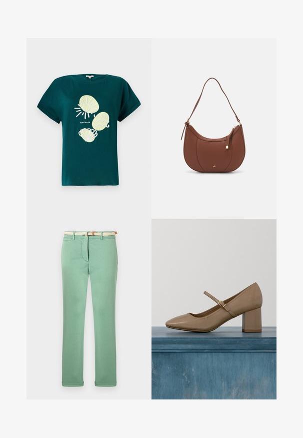 Camiseta de algodón en color verde azulado con un gráfico de un sol y conchas en amarillo claro y blanco, con un corte holgado y mangas enrolladas.; Pantalones verde claro de algodón, con un diseño de pierna recta, cinturón de tejido beige y bolsillos frontales. Textura suave con costuras mínimas.; Zapato de salón de cuero beige con tacón ancho, punta redonda y una correa decorativa con una hebilla dorada. Textura suave, diseño minimalista.; Bolso de hombro de imitación cuero marrón con forma curva, costura mínima y un acento de hardware en tono dorado. Presenta un cierre de cremallera en la parte superior y una correa ajustable.