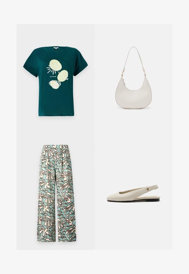 Camiseta de algodón en color verde azulado con un gráfico de un sol y conchas en amarillo claro y blanco, con un corte holgado y mangas enrolladas.; Pantalones de pierna ancha fabricados en un tejido ligero con un fondo crema y patrones abstractos en verde azulado y marrón. Cintura plana sin herrajes visibles.; Zapato plano slingback de cuero color crema con puntera redondeada y pequeño emblema dorado en la correa.; Bolso de hombro de cuero crema con forma de media luna, correa delgada y sutil detalle de costuras. Diseño minimalista con acentos de hardware en tono dorado.
