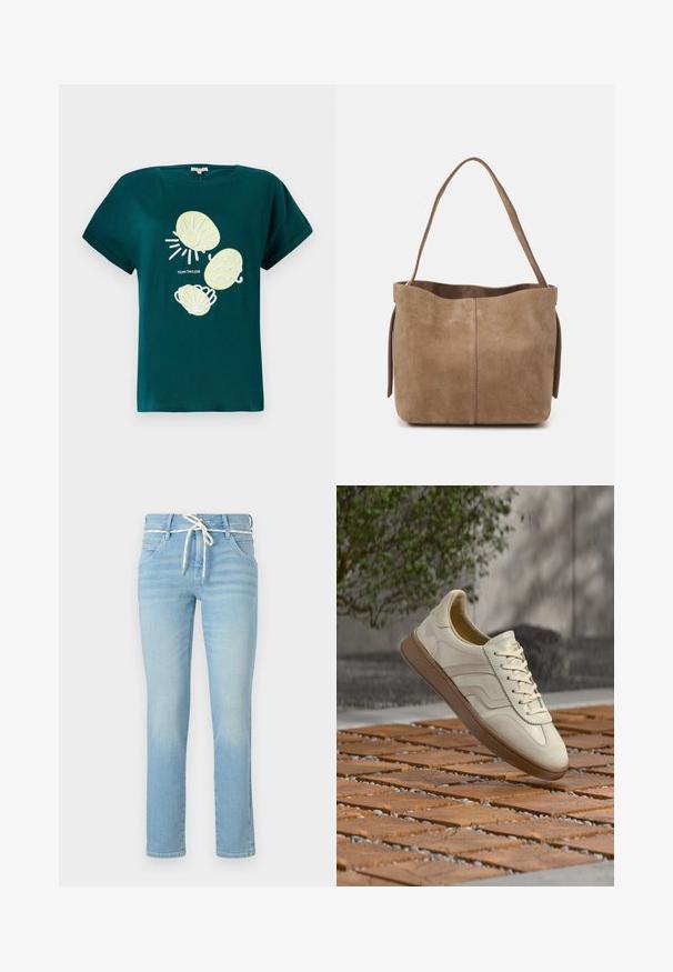 Teal katoenen t-shirt met een afbeelding van een zon en schelpen in lichtgeel en wit, met een relaxte pasvorm en opgerolde mouwen.; lichtblauwe denim jeans met een rechte pijp, voorzien van een witte trekkoord in de taille en subtiele vervagingen overal.; Sneaker in roomkleur met een gestructureerde beige rubberen zool, vetersluiting en subtiele merkdetails aan de zijkant. Bovenwerk van glad leer.; Bruine suède schoudertas met een zachte textuur, open top en een enkele schouderband. Heeft een gladde afwerking en minimale detaillering.