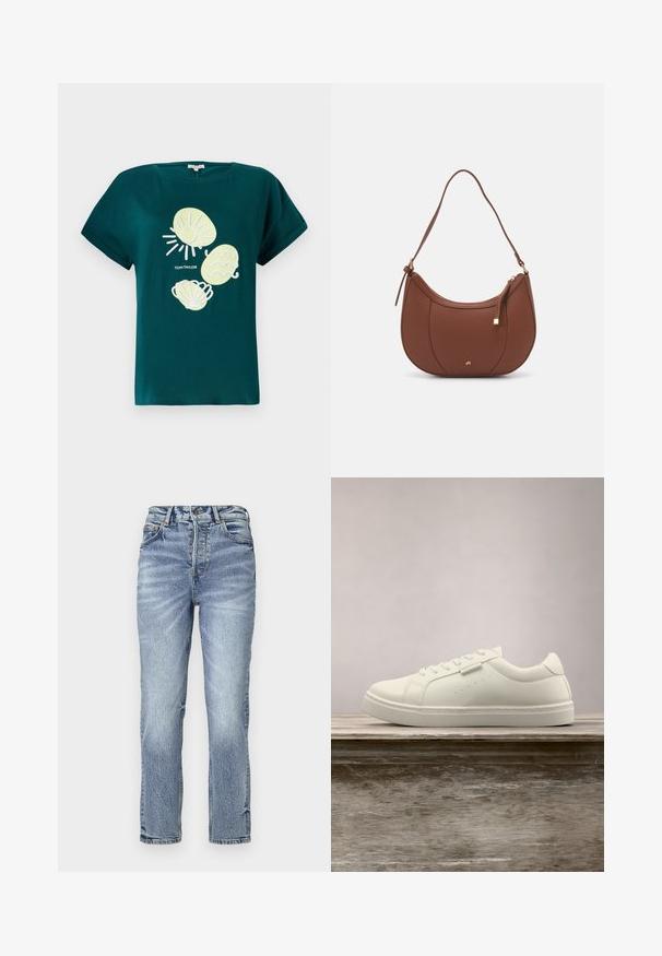 Teal katoenen t-shirt met een afbeelding van een zon en schelpen in lichtgeel en wit, met een relaxte pasvorm en opgerolde mouwen.; Lichtblauwe spijkerbroek met een rechte pasvorm, hoge taille, vervaagde textuur en vijf zakken. Voorzien van een metalen knoop en ritsluiting.; Witte leren sneaker met veters die boven een houten bank zweeft, met groen lang gras dat op de achtergrond vervaagd is in de buitenlucht.; Bruine faux leren schoudertas met een gebogen vorm, minimale stiksels en een gouden hardware-accent. Voorzien van een bovenste ritsluiting en een verstelbare schouderband.