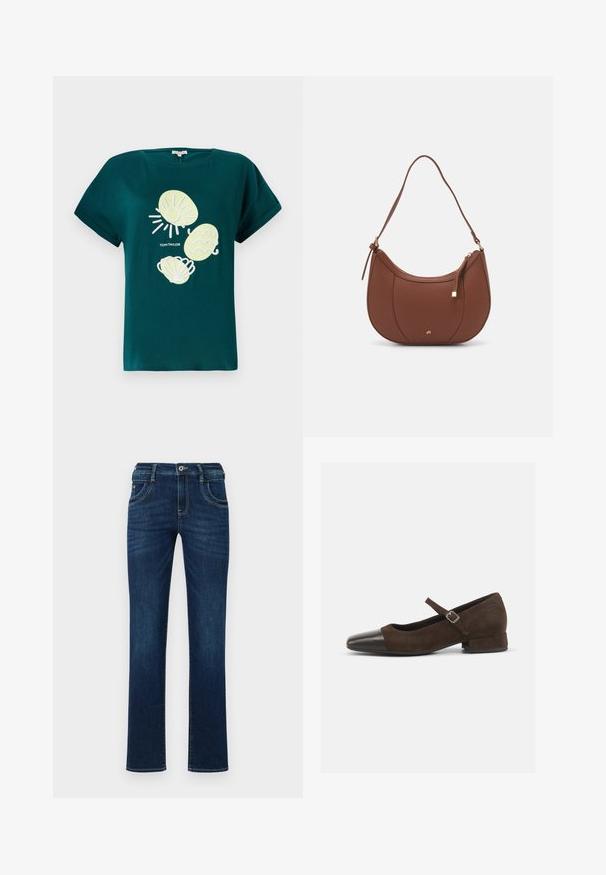 Tyg i teal med grafik af en sol og muslinger i lys gul og hvid, med en afslappet pasform og optrukne ærmer.; Mørkeblå denim jeans med lige ben, fem lomme-design og standard knaplukning. Har diskrete syninger.; Brun ruskind Mary Jane-sko med en sort laklæder tåhætte, justerbar rem og en lav blokhæl. Glat tekstur med minimale detaljer.; Brun faux læder skuldertaske med buet form, minimal syning og en guldtonet hardwaredetalje. Har en top lynlåslukning og justerbar rem.