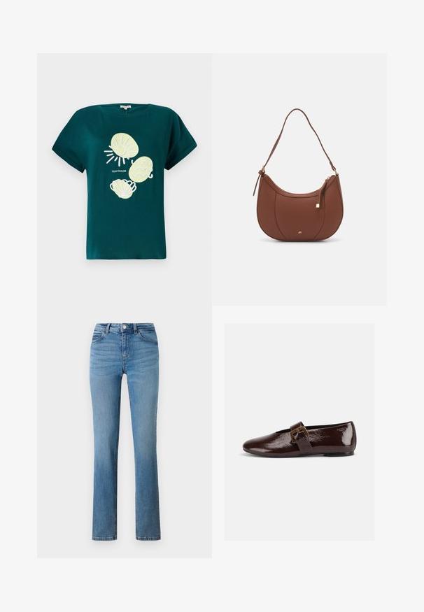 Camiseta de algodón en color verde azulado con un gráfico de un sol y conchas en amarillo claro y blanco, con un corte holgado y mangas enrolladas.; Jeans de mezclilla azul claro con diseño de pierna recta, con cremallera, cierre de botón y bolsillos cosidos en la parte delantera y trasera.; Zapato plano de charol marrón oscuro con una gran hebilla dorada y puntera redondeada, mostrado de perfil sobre un fondo blanco.; Bolso de hombro de imitación cuero marrón con forma curva, costura mínima y un acento de hardware en tono dorado. Presenta un cierre de cremallera en la parte superior y una correa ajustable.