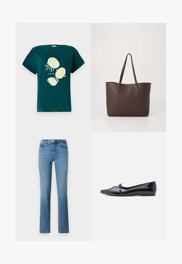 Camiseta de algodón en color verde azulado con un gráfico de un sol y conchas en amarillo claro y blanco, con un corte holgado y mangas enrolladas.; Jeans de mezclilla azul claro con diseño de pierna recta, con cremallera, cierre de botón y bolsillos cosidos en la parte delantera y trasera.; Bailarina de charol negro con punta afilada, correa decorativa y textura lisa. Diseño minimalista sin adornos visibles.; Bolso tote de cuero marrón con una superficie texturizada, dos asas para el hombro y un diseño abierto y espacioso sin bolsillos exteriores.
