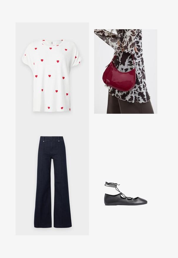 Wit shirt met korte mouwen en ronde hals, versierd met gelijkmatig verspreide kleine rode hartjes op de voorkant en mouwen.; Donkerblauwe wijde broekspijpen spijkerbroek met hoge taille, voornaad en riemlussen op een effen lichte achtergrond.; Zwarte leren ballet flats met een spitse neus, uitsparingen en dunne veters die rond de enkel wikkelen; gladde textuur.; Vrouw met een zwart-wit gebloemde blouse houdt een glanzende rode schoudertas vast tegen een effen achtergrond.