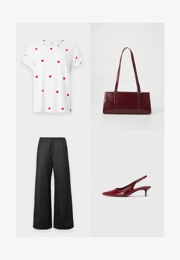Wit shirt met korte mouwen en ronde hals, versierd met gelijkmatig verspreide kleine rode hartjes op de voorkant en mouwen.; Zwarte wijde broek met zijzakken en een hoge taille, gemaakt van een gladde stof, gepresenteerd op een effen lichte achtergrond.; Bordeaux lederen slingback pump met krokodillenstructuur, puntige neus, verstelbare gesp en lage kittenhak op een witte achtergrond.; Bourgondische handtas van glanzend materiaal, rechthoekige vorm, met twee schouderbanden en subtiele gebogen accenten aan de voorkant.