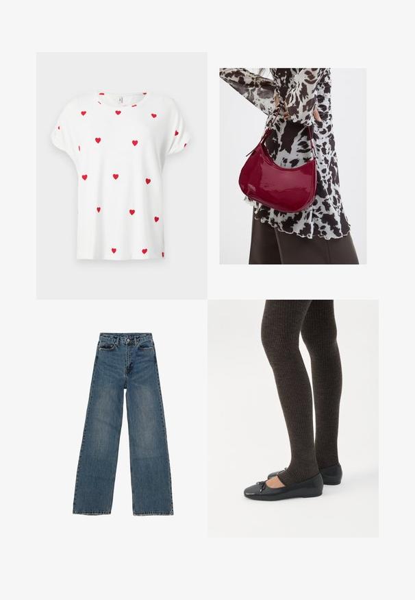 Hvid kortærmet skjorte med rund hals, pyntet med jævnt fordelt små røde hjerte-mønstre på forside og ærmer.; Blå denim brede ben jeans med høj talje, fem lommer og kontraststing. Udsivninger og mindre slid synlige på stoffet.; Ben iført mørke ribbede leggings kombineret med sorte balletsko med små sløjfedetaljer på hvid baggrund.; Kvinde iført en sort- og hvidmønstret bluse, der holder en blank rød skuldertaske mod en ensfarvet baggrund.