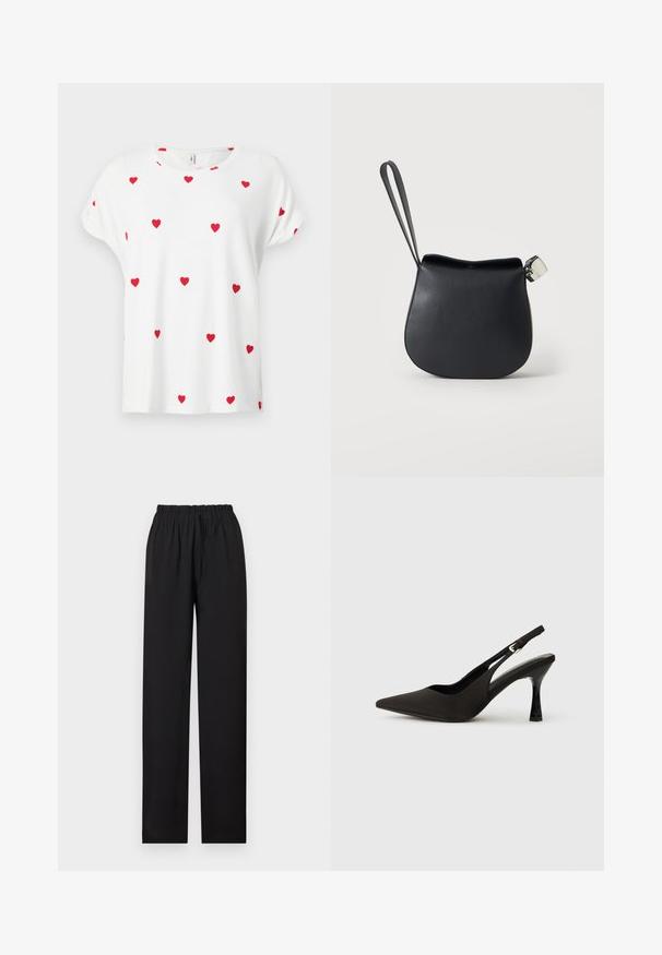 Chemise blanche à manches courtes avec col rond, décorée de petits motifs de cœurs rouges uniformément espacés sur le devant et les manches.; Pantalon noir à jambes droites avec ceinture élastique et cordon de serrage, présenté à plat sur un fond blanc.; Chaussures à talons noires avec une bride, à bout pointu, finition mate lisse et talon fin brillant. Sangle ajustable avec petit détail de boucle.; Pochette en cuir noir pour poignet avec base arrondie et fermoir argenté sur fond blanc uni.
