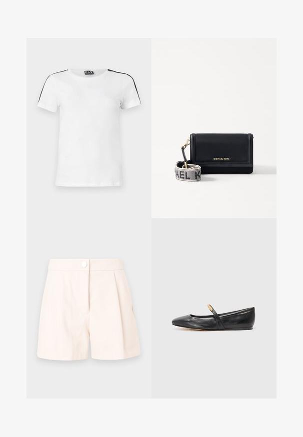 Weißes kurzärmeliges T-Shirt mit Rundhalsausschnitt, schwarzen Streifen auf den Schultern und EA7 Emporio Armani Logo auf der Brust und am inneren Kragen.; Beige Falten-Shorts aus leichtem Stoff, mit Knopfverschluss und klaren, maßgeschneiderten Linien. Glatte Textur und minimales Design.; Schwarze Leder-Ballettschuhe mit spitzem Zehenbereich, schlankem Riemen und einem kleinen goldenen Akzent nahe dem Riemen. Glatte Textur und niedriger Absatz.; MICHAEL Michael Kors JET SET - Umhängetasche - black