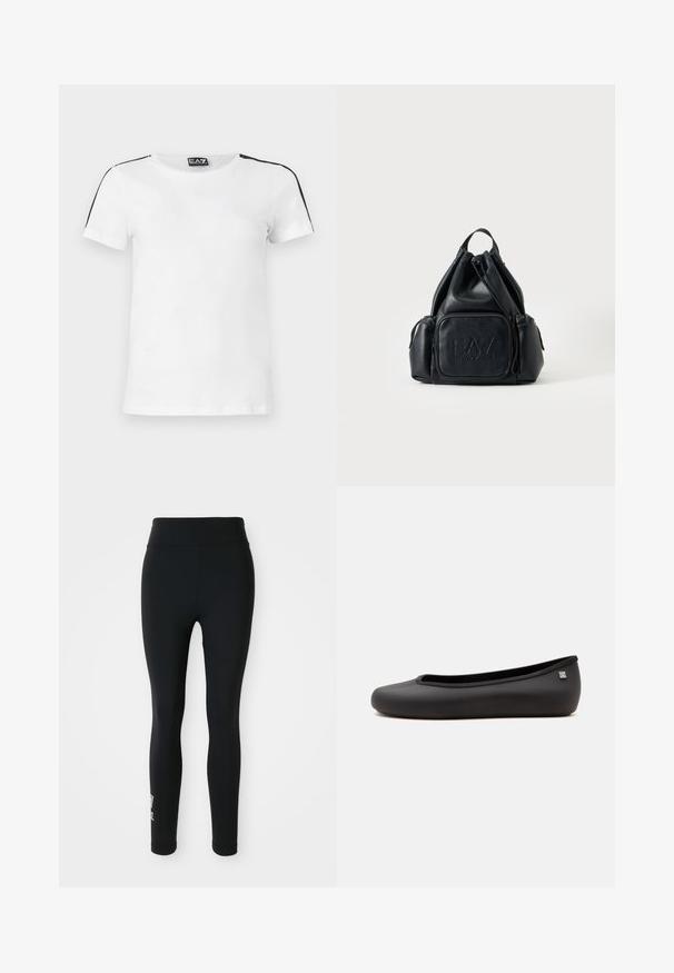 Hvid kortærmet T-shirt med rund hals, sorte striber på skuldrene og EA7 Emporio Armani-logo på brystet og indersiden af kraven.; Sorte leggings lavet af strækbart stof, med en høj talje og et lille trykt logo på det ene ben. Glat tekstur, tætsiddende design.; Sort flad ballerina sko med rundet tå og lille sølvlogo på hælsiden, vist på en ensfarvet hvid baggrund.; Sort læder-rygsæk med snøre, med for- og sidelommer med lynlås, med præget "EA7 Emporio Armani" logo på frontlommen.
