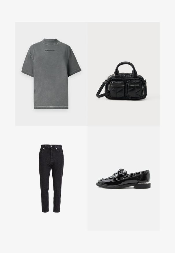 Hallide hallid lühikeste varrukatega T-särk, mis on valmistatud puuvillast ja millel on kõrge kaelus. Ees on tumesinisehalliga "KARL LAGERFELD JEANS" logo.; Mustad teksased kõrge vöökohaga, kitsenevad jalad ja klassikaline viie taskuga disain. Kangast tekstuur on veidi tekstureeritud ja vastupidav.; Läikiv must nahast paadijalanõu ees nöörimisega, külgedel silmadega detailid ja madala kontsaga, millel on metalliline aktsent.; Must mustriga mustkott väikeste käepidemetega, kahe ees oleva lukuga tasku, õlarihm ja "Karl Lagerfeld" logo ühes taskus.