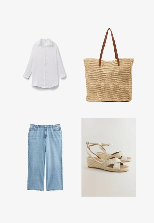 Wit overhemd met lange mouwen, kraag, knoopmanchetten en een losse pasvorm, afgebeeld op een effen witte achtergrond.; Lichtblauwe denim culottes met een hoge taille, brede benen en een vijf-pocket ontwerp met contrasterende stiksels en een knoopsluiting.; Beige espadrille wedges met kruisbanden, geweven jute accenten en een gevoerde voetbed. Verstelbare enkelriem voor een goede pasvorm.; Geweven stro tas met een cilindervorm, in een lichte beige kleur, met een textuur oppervlak en bruine faux leren handvaten.
