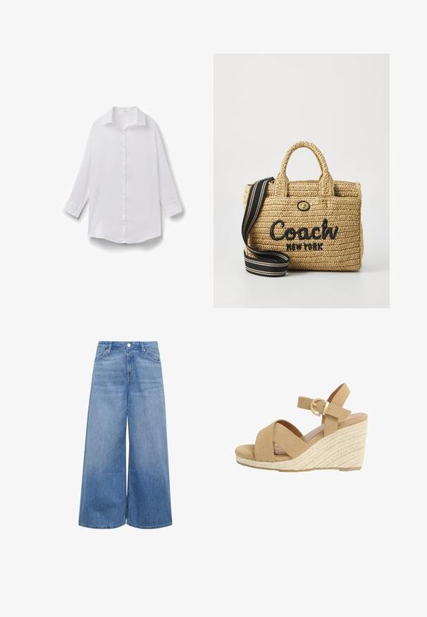 Weißes Hemd mit langen Ärmeln, Kragen, geknöpften Manschetten und lockerer Passform, auf weißem Hintergrund dargestellt.; Helle blaue Denim-Culottes mit weitem Bein. Fünf-Taschen-Stil, Knopfverschluss am Taillenbund und glatte Textur.; Beige Wildleder-Wedgesandale mit überkreuzten Vorderansätzen, Knöchelriemen, goldener Schnalle und geflochtenen Seildetails am Absatz.; Geflochtene Strohtasche mit zwei oberen Griffen, schwarzem gesticktem "Coach New York"-Logo, goldfarbenen Beschlägen und einem abnehmbaren gestreiften Schultergurt.