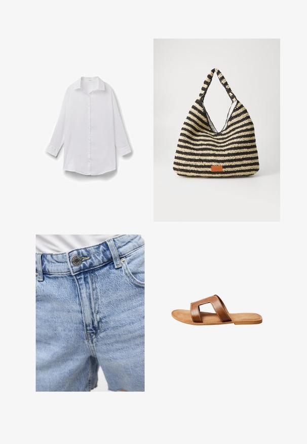 Camisa blanca de manga larga con cuello, puños con botones y un ajuste relajado, mostrada sobre un fondo blanco liso.; Pantalones cortos de denim azul claro con cintura alta, costuras visibles, dos bolsillos delanteros y cierre de botón de metal. Textura suave.; Sandalia deslizante de cuero marrón con una correa ancha que presenta un recorte rectangular, suela plana y costuras blancas visibles sobre un fondo blanco.; Bolsa tejida a rayas en negro y beige, con un diseño holgado, superficie texturizada y un pequeño parche de cuero.