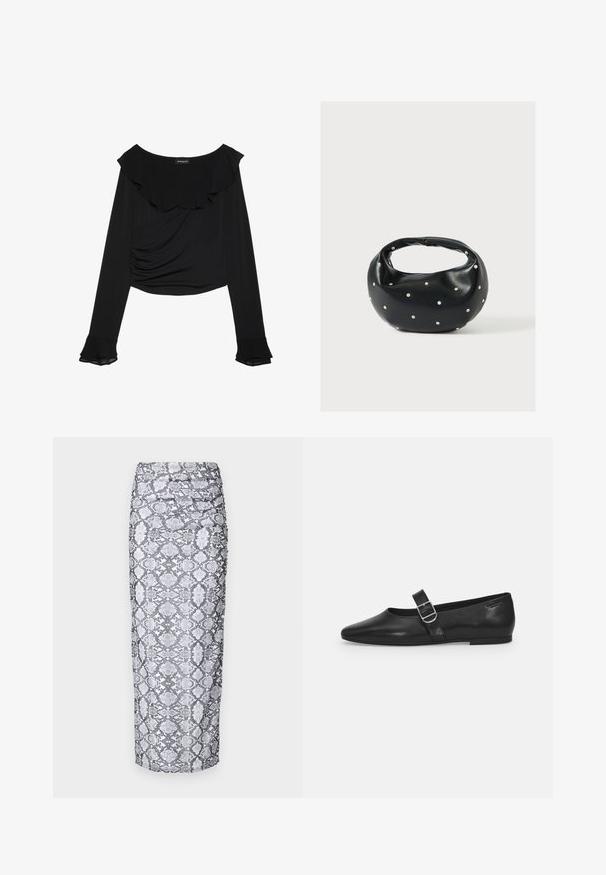 Haut noir à manches longues avec un col froncé, un détail froncé sur le côté et des poignets évasés, en tissu lisse et extensible.; Jupe midi en noir et blanc, présentant une silhouette ajustée et une texture froncée sur les côtés. Fini en tissu lisse.; Chaussure plate en cuir noir avec un bout arrondi, une seule sangle réglable à boucle et une texture lisse et brillante. Design minimaliste avec un petit talon.; Sac à main en cuir noir de forme arrondie, décoré de clous argentés et équipé d'une poignée courte. Texture lisse et fermeture éclair.