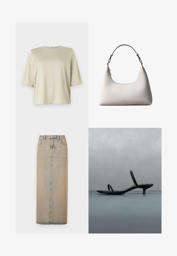 Kortærmet, løstsiddende top i lys beige med rund halsudskæring og blød tekstur, lavet af et glat, let materiale.; En lang denimnederdel i lyseblå med lige snit. Har fem lommer, bæltestropper og knaplukning foran. Fadede tekstur over det hele.; Sort Calvin Klein sandal med hæl og tynde stropper, balancerende på træfliser udendørs nær en væg og grønne planter.; Cremefarvet skuldertaske i læder fra Calvin Klein med buet topkant, sølvfarvet lynlås og mørkebrun justerbar rem.