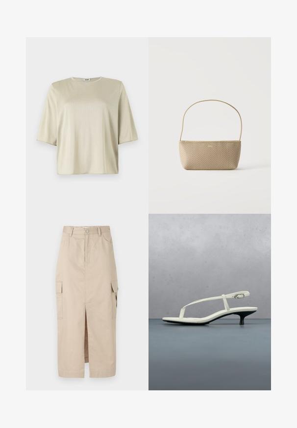 Korte mouw, losse top in lichtbeige, met een ronde halslijn en een zachte textuur, gemaakt van een gladde, lichte stof.; Beige cargorok van katoen, met een split aan de voorkant, opgestikte zakken aan de zijkanten en een knoopsluiting in de taille. Zachte textuur overal.; Witte sandaal met smalle bandjes en kitten heel, met een spitse neus, zwevend boven een houten tegelvloer buiten, met op de achtergrond een wazige plant en muur.; Beige geweven handtas met dunne schouderriem en klein gouden "BOSS" logo aan de voorkant, getoond tegen een effen witte achtergrond.