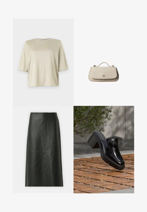 Korte mouw, losse top in lichtbeige, met een ronde halslijn en een zachte textuur, gemaakt van een gladde, lichte stof.; Zwarte leren midi-rok met een rechte snit. Gladde textuur, minimale naden en een nauwsluitende tailleband. Geen zichtbare zakken of extra details.; Zwarte leren Calvin Klein slip-on mule met blokhak rustend op houten tegels buiten, vlak bij een groene plant en een grijze muur.; Kleine beige leren handtas met bovenhandvat en zilveren CK-logo op de voorflap, getoond tegen een witte achtergrond.