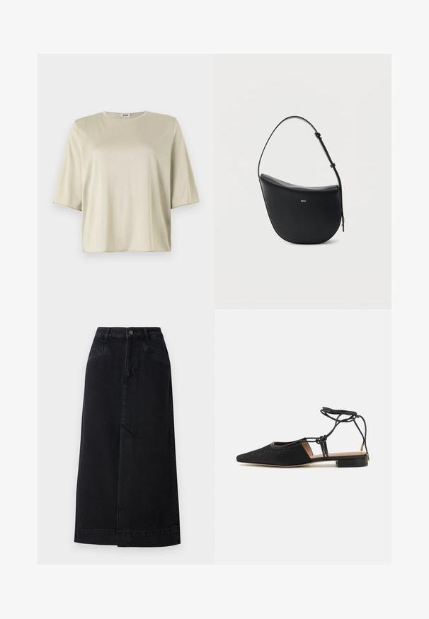 T-shirt à manches courtes, loose fit en beige clair, avec un col rond et une texture douce, fabriqué à partir d'un matériau léger et lisse.; Jupe midi en denim noir avec une coupe droite, fermeture par boutons à l'avant et poches latérales avec de subtils détails de couture.; Chaussure plate noire avec un bout pointu, dessus texturé, liens autour de la cheville et un petit talon carré. Présente un motif subtil sur le matériau.; Sac à bandoulière en cuir noir en forme de demi-lune avec une bandoulière réglable et le logo doré « BOSS » centré sur le devant.