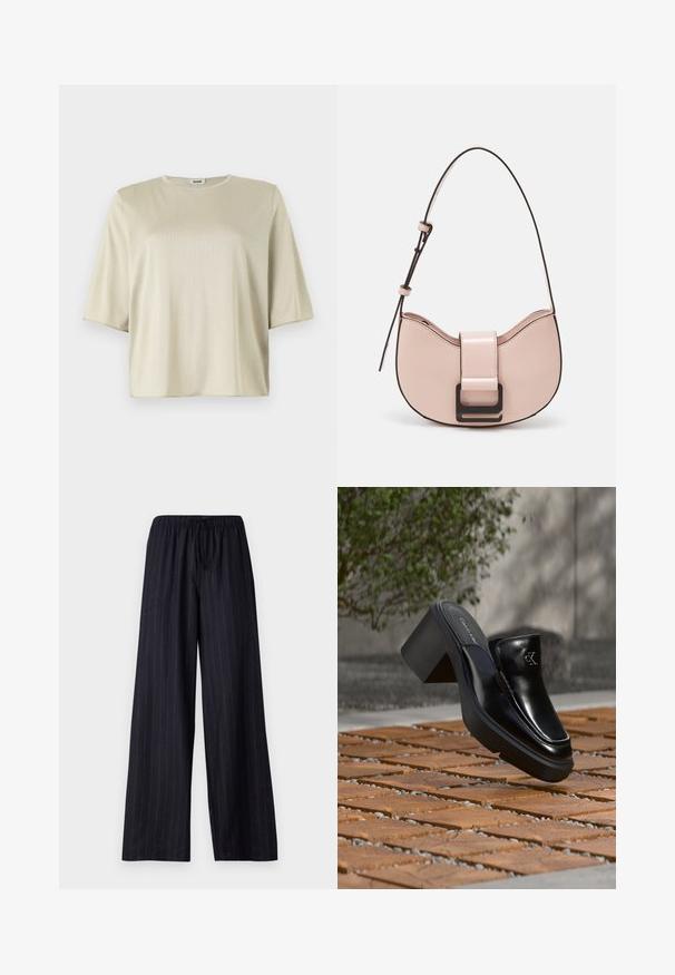 Korte mouw, losse top in lichtbeige, met een ronde halslijn en een zachte textuur, gemaakt van een gladde, lichte stof.; Zwarte pinstriped wijde broek met een elastische tailleband en aantrekkoord. Gemaakt van een soepele stof zonder zichtbare sluitingen of zakken.; Zwarte leren Calvin Klein slip-on mule met blokhak rustend op houten tegels buiten, vlak bij een groene plant en een grijze muur.; Kleine, gebogen roze leren handtas met een glanzende afwerking, voorzien van een zwarte accentriem en een grote zwarte sluiting. Crossbody ontwerp.