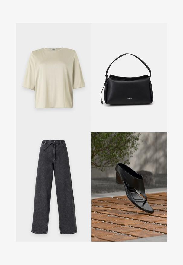 T-shirt à manches courtes, loose fit en beige clair, avec un col rond et une texture douce, fabriqué à partir d'un matériau léger et lisse.; Jean en denim noir taille haute et jambes larges avec une fermeture à cordon. Présente une texture délavée et des détails de couture subtils.; Sandale noire à talon haut avec une lanière entre les orteils, flottant au-dessus d'une surface extérieure en bois et gravier à motifs, avec un arrière-plan flou de verdure et un mur.; Sac à main en cuir noir avec une forme courbée, une seule sangle et une fermeture zippée sur le dessus. Présente un logo discret sur le devant pour l'identification de marque.