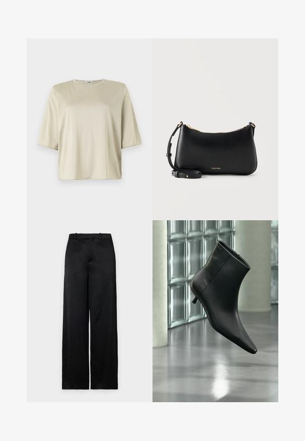 Blusa de manga corta y corte holgado en color beige claro, con escote redondo y textura suave, hecha de un material ligero y liso.; Pantalones de pierna ancha negros, hechos de una tela ligera y texturizada. Presentan una cinturilla lisa con trabillas para el cinturón y una silueta recta y fluida.; Botín negro de cuero con punta puntiaguda y tacón bajo estilo kitten, mostrado en ángulo sobre un suelo pulido y con una pared de bloques de vidrio de fondo.; Bolso de hombro de cuero negro Calvin Klein con cremallera dorada y correa ajustable sobre fondo claro y liso.