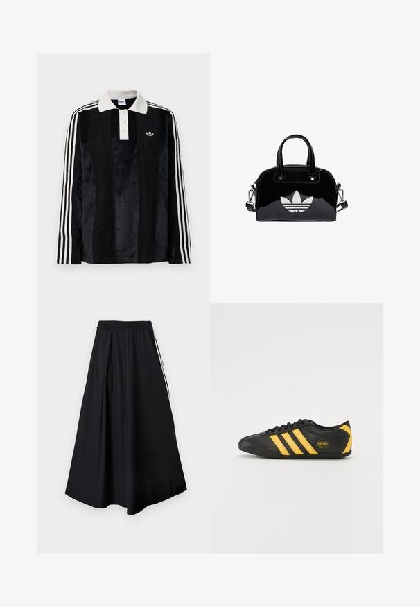 Sort fløjl langærmet polo shirt med en hvid ribbestrikket krave, tre knapper, struktureret front og tre hvide striber på hver ærme.; Sorte bukser med vidde i benene, elastisk talje og hvide sidestriber, vist mod en simpel hvid baggrund.; Sort lædersportssko med gult tre-stribe design, rund tå, sorte snørebånd og lille logo på siden. Lavprofil silhuet.; Sort patentlæder håndtaske med rund form, to top-håndtag, sølvdetaljer og en fremtrædende hvid logo på fronten.