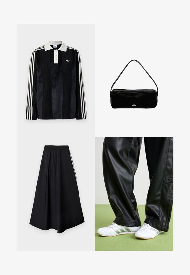 Schwarzes Samt-Poloshirt mit langen Ärmeln und einem weißen gerippten Kragen, drei Knöpfen, strukturiertem Vorderteil und drei weißen Streifen an jedem Arm.; Schwarze weit geschnittene Hose mit elastischem Bund und weißen Seitenstreifen, vor einem schlichten weißen Hintergrund präsentiert.; Schwarze Kunstlederhosen mit einer lockeren Passform, die eine glatte Textur und seitliche Streifen aufweisen. Kombiniert mit weißen Sneakers mit silbernen Akzenten.; Schwarze rechteckige Umhängetasche mit Reißverschluss und weißem Adidas-Trefoil-Logo vorne in der Mitte.
