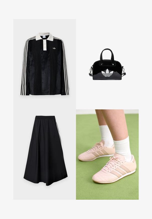 Sort fløjl langærmet polo shirt med en hvid ribbestrikket krave, tre knapper, struktureret front og tre hvide striber på hver ærme.; Sorte bukser med vidde i benene, elastisk talje og hvide sidestriber, vist mod en simpel hvid baggrund.; Lyselyserøde træningssko med diagonal syning, hvide såler og tre sidelægstriber. Båret med ribbede hvide sokker på en grøn overflade.; Sort patentlæder håndtaske med rund form, to top-håndtag, sølvdetaljer og en fremtrædende hvid logo på fronten.