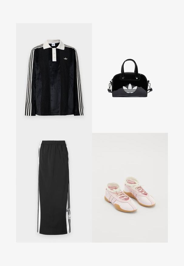 Sort fløjl langærmet polo shirt med en hvid ribbestrikket krave, tre knapper, struktureret front og tre hvide striber på hver ærme.; Sort lang atletisk nederdel med hvide sidepaneler og sorte striber, elastisk taljebånd og Adidas-logo i patch nær nederste kant.; Lyserøde lærredssko med en blød overflade, der har snørebåndsdesign og en gummisål. Dekorative detaljer og tre striber på siden.; Sort patentlæder håndtaske med rund form, to top-håndtag, sølvdetaljer og en fremtrædende hvid logo på fronten.