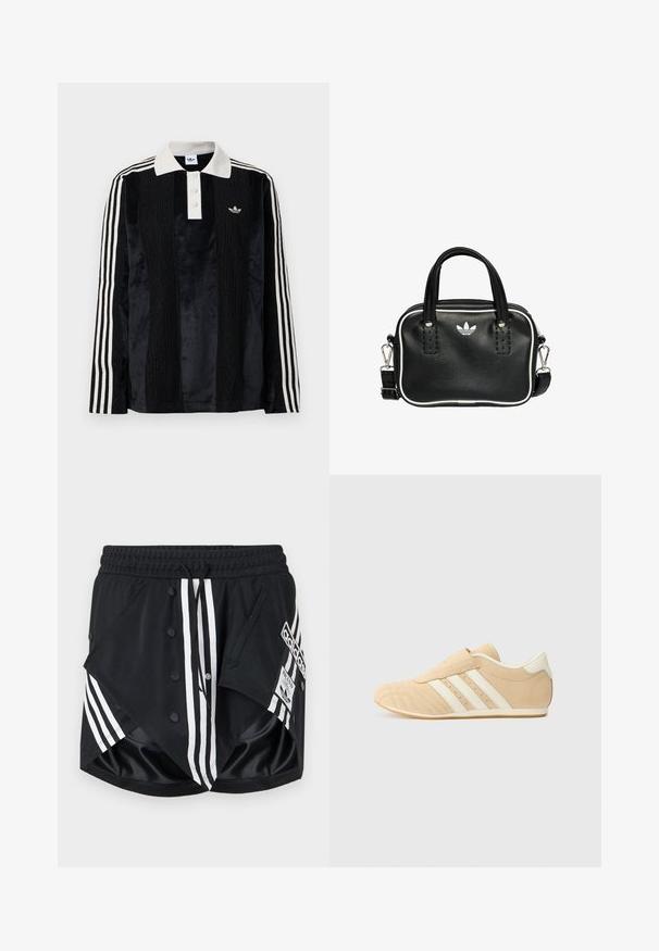 Camisa polo de manga larga de terciopelo negro con un collar acanalado blanco, tres botones, frente texturizado y tres rayas blancas en cada manga.; Pantalones cortos deportivos Adidas negros con rayas blancas, botones a presión, cintura elástica, cordón y parche con el logo en el bolsillo del lado derecho.; Zapatillas deportivas en tono marrón y crema con un acabado de cuero suave, tres rayas blancas en el lateral y una puntera redondeada. Parte superior texturizada con perforaciones.; Bolso de mano de cuero negro con dos asas cortas, herrajes plateados, detalles en blanco y un logotipo blanco. Presenta una superficie texturada y un diseño compacto.