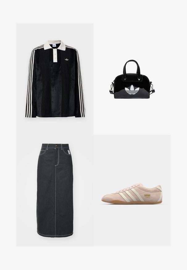 Camisa polo de manga larga de terciopelo negro con un collar acanalado blanco, tres botones, frente texturizado y tres rayas blancas en cada manga.; Falda midi de mezclilla negra con rayas verticales blancas. Presenta una cintura con botones, dos bolsillos delanteros y costuras de contraste. Diseño ajustado recto.; adidas Originals TOKYO - Zapatillas - quartz/off white; Bolso de mano de charol negro con forma redondeada, dos asas en la parte superior, acentos plateados y un prominente logotipo blanco en la parte delantera.