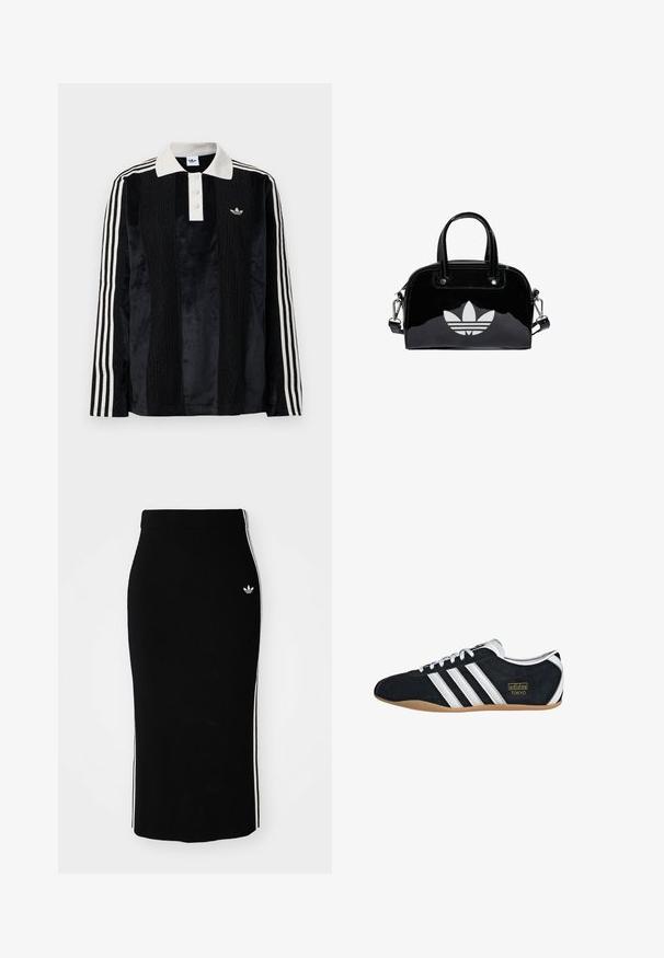 Schwarzes Samt-Poloshirt mit langen Ärmeln und einem weißen gerippten Kragen, drei Knöpfen, strukturiertem Vorderteil und drei weißen Streifen an jedem Arm.; Schwarzer, gerippter Midikleid mit einem taillierten Design, das weiße Seitenstreifen und ein kleines weißes Emblem auf der linken Seite aufweist.; Schwarze Wildledersneaker mit drei weißen Streifen, goldenem Logo und brauner Gummisohle. Merkmale ein niedrigprofiliertes Schnürdesign.; Schwarze Handtasche aus Lackleder mit abgerundeter Form, doppelten Tragegriffen, silbernen Akzenten und einem auffälligen weißen Logo auf der Vorderseite.