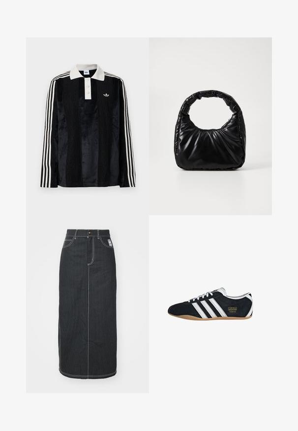 Schwarzes Samt-Poloshirt mit langen Ärmeln und einem weißen gerippten Kragen, drei Knöpfen, strukturiertem Vorderteil und drei weißen Streifen an jedem Arm.; Schwarzer Denim-Midirock mit weißen vertikalen Streifen. Verfügt über einen Knopfverschluss, zwei Fronttaschen und kontrastierende Nähte. Gerader Schnitt.; Schwarze Wildledersneaker mit drei weißen Streifen, goldenem Logo und brauner Gummisohle. Merkmale ein niedrigprofiliertes Schnürdesign.; Schwarze gepolsterte Handtasche mit einem runden Griff, die eine glatte, glänzende Oberfläche und eine weiche, gestepfte Textur aufweist. Keine sichtbare Hardware oder Akzente.