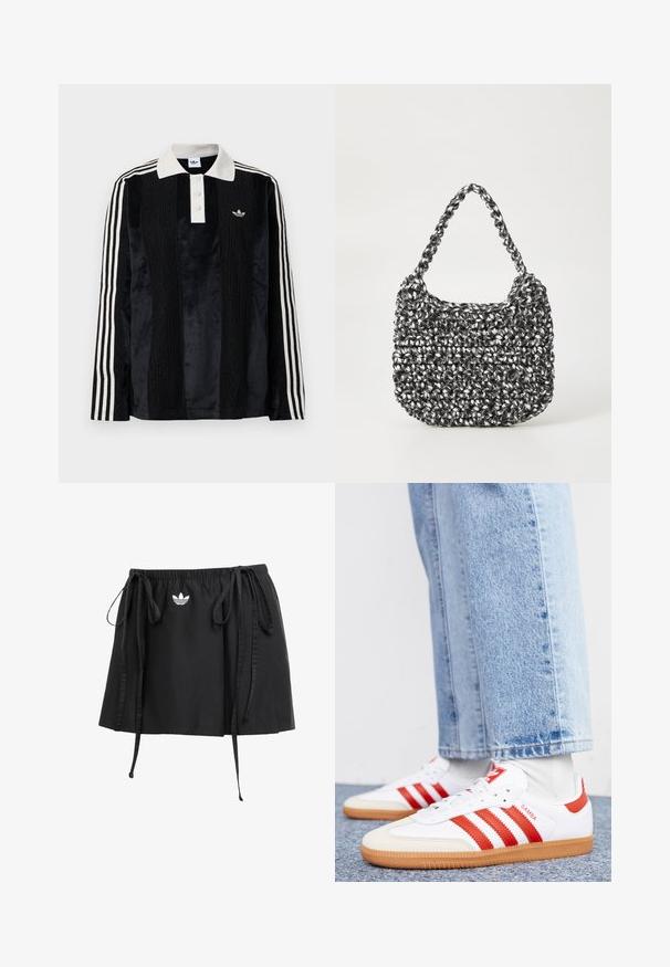 Camisa polo de manga larga de terciopelo negro con un collar acanalado blanco, tres botones, frente texturizado y tres rayas blancas en cada manga.; Falda atlética negra con cordones ajustables, que cuenta con un pequeño logo blanco en la parte frontal. Hecha de una tela ligera con una textura suave.; Zapatillas de cuero blancas con rayas y detalles rojos. Cuentan con una suela de goma texturizada y un collar acolchado. Llevadas con denim azul claro.; Bolso de mano tejido en blanco y negro con forma redondeada, superficie texturizada y asa trenzada. Adecuado para uso casual.