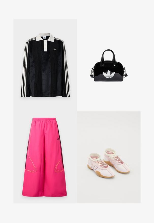 Camisa polo de manga larga de terciopelo negro con un collar acanalado blanco, tres botones, frente texturizado y tres rayas blancas en cada manga.; Pantalones deportivos rosados con cintura elástica, piernas anchas, paneles laterales negros y detalles de costuras amarillas. Logo de Adidas en el frente.; Zapatillas de lona rosa con una textura suave, que presentan un diseño de cordones y una suela de goma. Detalles decorativos y tres franjas en el lateral.; Bolso de mano de charol negro con forma redondeada, dos asas en la parte superior, acentos plateados y un prominente logotipo blanco en la parte delantera.