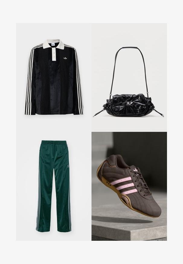 Must musta särg, millel on pikad varrukad, valge soonikuline krae, kolm nööpaukku, tekstureeritud esipind ja kolm valget triipu igal varrukal.; Tumedad roheline sportpants, mis on valmistatud läikivast materjalist, külgedel on heledates hallides triipudes ja vasakul jalal on broderdatud logo.; Pruunist nahast sportlik king, millel on roosa triip ja logo, tekstureeritud ülemine osa, paeltesulgur ning kummist tallad.; Mustast nahast käekott, millel on kokku kogutud disain ja ees lipsukaunistus. Varustatud lühikese sangaga ja hõbedaste metalldetailidega.