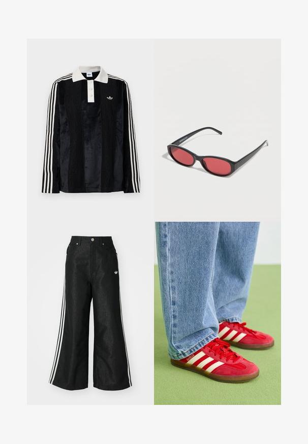 Sort fløjl langærmet polo shirt med en hvid ribbestrikket krave, tre knapper, struktureret front og tre hvide striber på hver ærme.; Sorte vide denim bukser med tre hvide striber på hver side og et lille hvidt logo. Indeholder forlommer og en knaplukning.; Røde ruskinds sneakers med tre hvide striber, rund tå og tekstureret sål, parret med lyseblå denim jeans på en grøn baggrund.; Sorte ovale solbriller med tynde arme og rødtonede linser, der ligger på en hvid overflade.