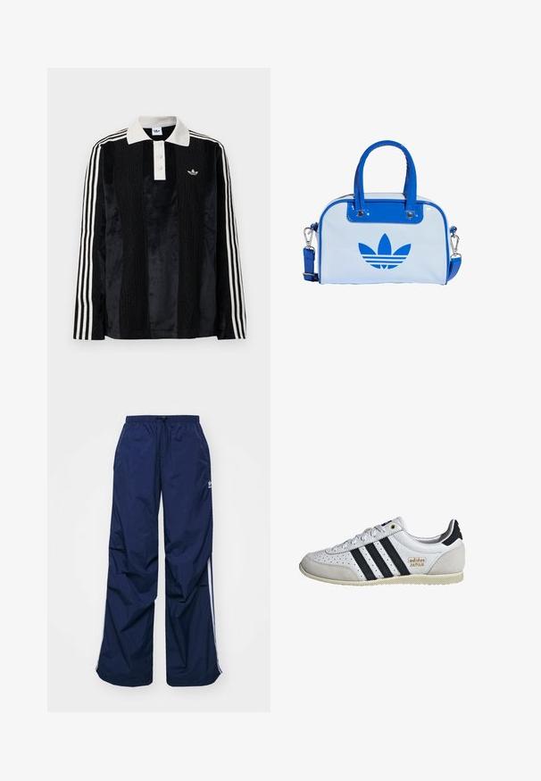 Camisa polo de manga larga de terciopelo negro con un collar acanalado blanco, tres botones, frente texturizado y tres rayas blancas en cada manga.; Pantalones de color azul marino, ligeros, con cintura elástica y cordón ajustable, con franjas blancas laterales y un pequeño logo en la parte delantera. Diseño de corte holgado.; Zapatilla blanca con rayas negras y marca dorada. Presenta materiales de ante y cuero, parte superior perforada y suela de goma texturizada.; Bolso azul y blanco con acabado brillante, que cuenta con dos asas azules, una correa de hombro desmontable y un prominente logo azul en la parte frontal.