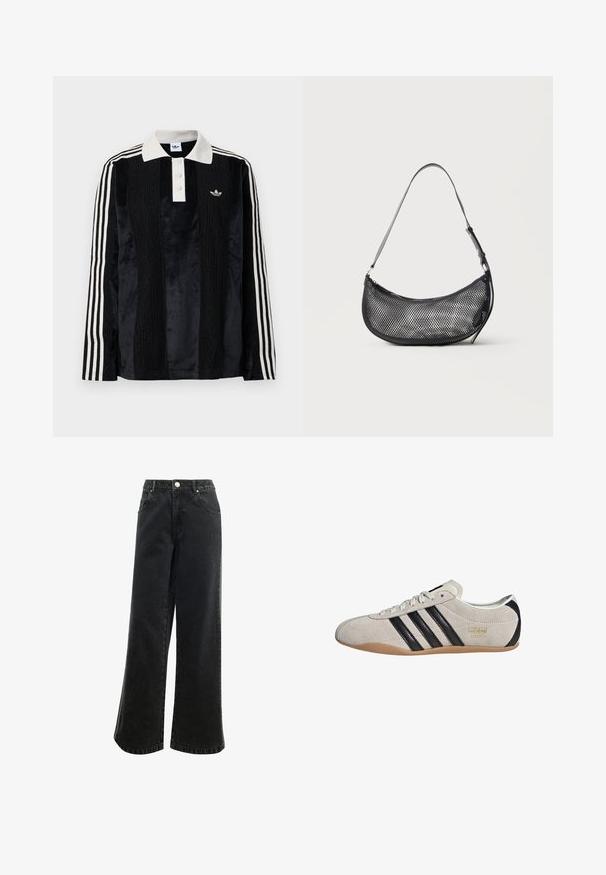 Zwarte fluwelen long-sleeve polo shirt met een witte geribbelde kraag, drie knopen, een textuur aan de voorkant en drie witte strepen op elke mouw.; Hoge taille, wijde zwarte denim broek met een knoopsluiting, vijf zakken en een klein logo geborduurd op de voorkant. Gestructureerde stof.; Suède sneaker met een grijze bovenkant, zwarte strepen en een gumrubberen zool. Kenmerkt een vetersluiting en een gouden logo-detail aan de zijkant.; Kleine zwarte mesh schoudertas in halve maanvorm met verstelbare dunne band, tegen een effen lichte achtergrond.