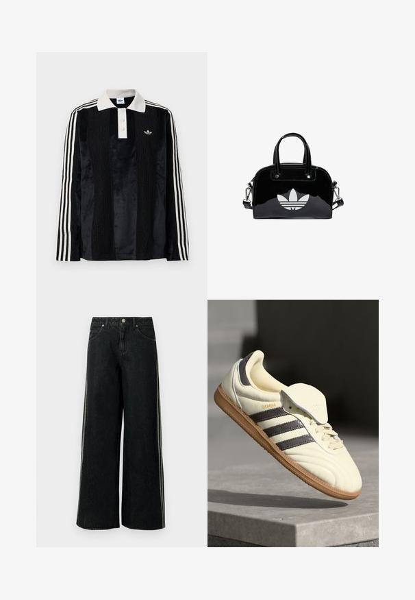 Sort fløjl langærmet polo shirt med en hvid ribbestrikket krave, tre knapper, struktureret front og tre hvide striber på hver ærme.; Sorte vidde denimjeans med sidelommer, forlommer, bæltestropper og en metal lynlås ved taljen.; Cremefarvede lædersneakers med tre mørke striber, en brun gummisål og en afrundet tå. Har en foldbar tunge mærket "SAMBA."; Sort patentlæder håndtaske med rund form, to top-håndtag, sølvdetaljer og en fremtrædende hvid logo på fronten.