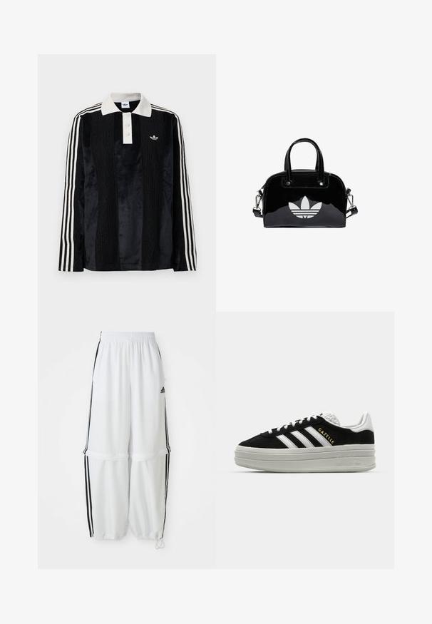 Sort fløjl langærmet polo shirt med en hvid ribbestrikket krave, tre knapper, struktureret front og tre hvide striber på hver ærme.; Hvide sportbukser med en afslappet pasform, elastisk talje og sorte sidelæg. Har lynlåslommer og elastiske afslutninger ved anklerne.; Sort ruskind sneaker med hvide læderdetaljer, tre hvide striber, flade snørebånd og en tyk grå platformsål. Guldfarvet "Gazelle" branding.; Sort patentlæder håndtaske med rund form, to top-håndtag, sølvdetaljer og en fremtrædende hvid logo på fronten.