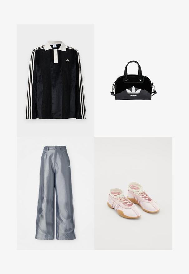 Sort fløjl langærmet polo shirt med en hvid ribbestrikket krave, tre knapper, struktureret front og tre hvide striber på hver ærme.; Bredde benbukser i skinnende grå materiale med hvide sidelookstriber og et flammemønster på underbenene. Knap- og lynlåslukning i taljen.; Lyserøde lærredssko med en blød overflade, der har snørebåndsdesign og en gummisål. Dekorative detaljer og tre striber på siden.; Sort patentlæder håndtaske med rund form, to top-håndtag, sølvdetaljer og en fremtrædende hvid logo på fronten.