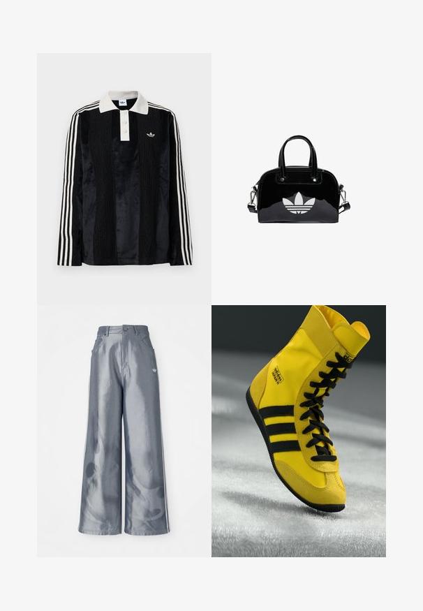 Camisa polo de manga larga de terciopelo negro con un collar acanalado blanco, tres botones, frente texturizado y tres rayas blancas en cada manga.; Pantalones de pierna ancha en material gris brillante, con rayas laterales blancas y un patrón de llamas en la parte inferior de las piernas. Cierre con botón y cremallera en la cintura.; Zapatillas altas hechas de material sintético amarillo, con cordones negros, tres rayas negras y logotipo en el lateral. Suela de goma texturizada.; Bolso de mano de charol negro con forma redondeada, dos asas en la parte superior, acentos plateados y un prominente logotipo blanco en la parte delantera.