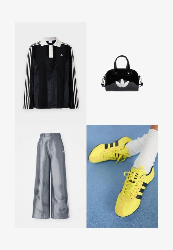 Sort fløjl langærmet polo shirt med en hvid ribbestrikket krave, tre knapper, struktureret front og tre hvide striber på hver ærme.; Bredde benbukser i skinnende grå materiale med hvide sidelookstriber og et flammemønster på underbenene. Knap- og lynlåslukning i taljen.; Lys gule atletiksko med sorte striber og snørebånd; har en struktureret overdel og suedefornum. Brugt med hvide ribbede sokker.; Sort patentlæder håndtaske med rund form, to top-håndtag, sølvdetaljer og en fremtrædende hvid logo på fronten.
