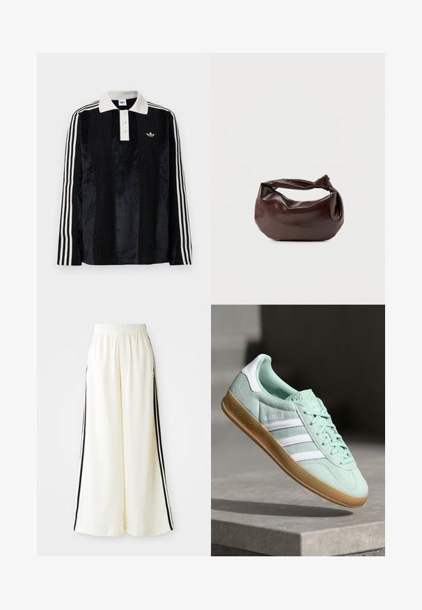 Sort fløjl langærmet polo shirt med en hvid ribbestrikket krave, tre knapper, struktureret front og tre hvide striber på hver ærme.; Hvide løse bukser med elastisk talje og sorte lodrette striber langs yderseams.; Adidas Gazelle sneakers i mintgrønt ruskind med hvide accenter, snørebåndslukning og en sål i gummigummi. Har tre hvide striber.; Mørkebrun læder skuldertaske med en blød, afslappet form og et snoet knudehåndtag på en ensartet hvid baggrund.