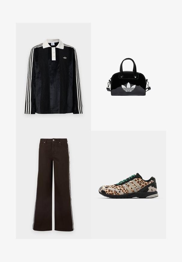 Sort fløjl langærmet polo shirt med en hvid ribbestrikket krave, tre knapper, struktureret front og tre hvide striber på hver ærme.; Brune viddeben jeans lavet af denim med hvide sidelister, klassisk fem-lomme-design og lukning med metal-knap.; adidas Originals ADIZERO ADIOS OG - Sneakers - grey two/core black/court green; Sort patentlæder håndtaske med rund form, to top-håndtag, sølvdetaljer og en fremtrædende hvid logo på fronten.
