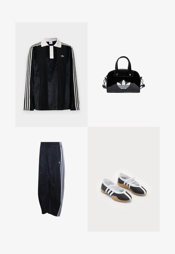 Sort fløjl langærmet polo shirt med en hvid ribbestrikket krave, tre knapper, struktureret front og tre hvide striber på hver ærme.; Sorte Adidas træningsbukser med elastisk talje, hvide tredobbelte striber ned langs siden, lynlåslomme og logo på venstre ben.; Sort-hvide sportsko med et slankt design, gummisål, snørebåndslukning og tre hvide striber på siden.; Sort patentlæder håndtaske med rund form, to top-håndtag, sølvdetaljer og en fremtrædende hvid logo på fronten.
